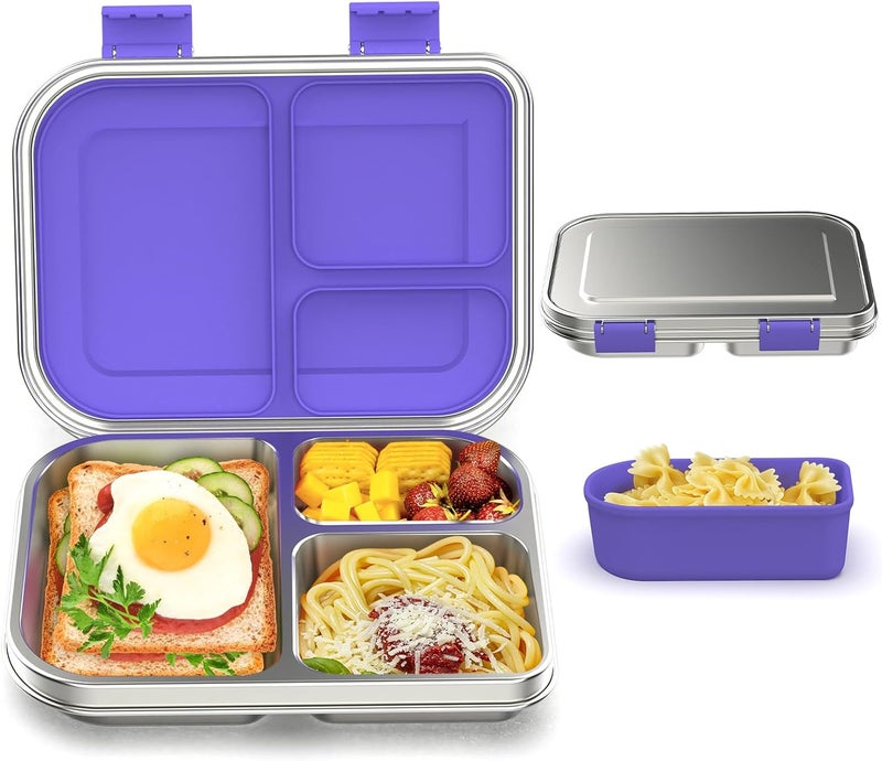 BABHAMNESS Stainless Steel Bento Box Kids, 3 Compartments Leak Proof Metal Bento Lunch Box, 304 Stainless Steel Bento Lunch Containers for School and Office,Dishwasher Safe, BPA-Free-Purple - Image 1
